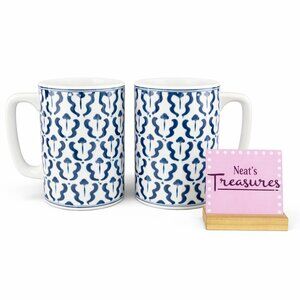 PIER 1 Geometric  Blue And White 3.75" T D Handle Ceramic Coffee Cups Mugs Set 2